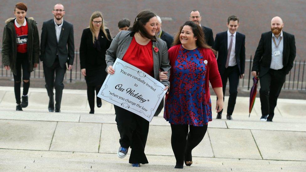 Supporters of same-sex marriage on the steps of Parliament Buildings at Stormont