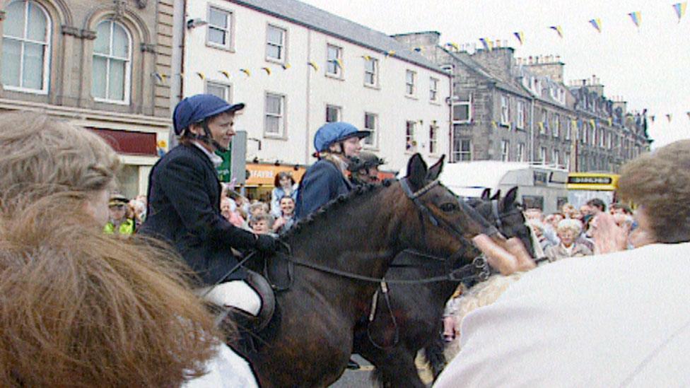 Ashley Simpson and Mandy Graham take part in common riding in 1996