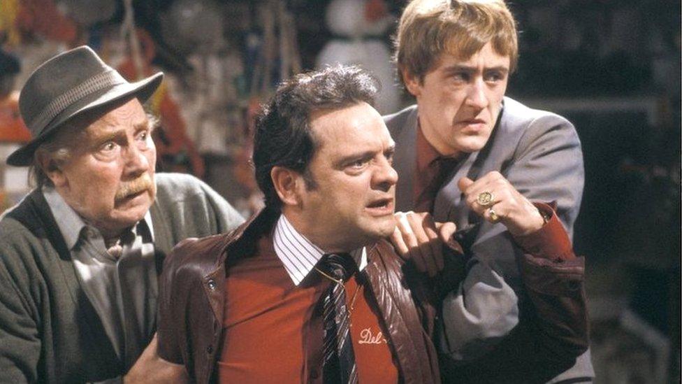 Lennard Pearce as Grandad, David Jason as Derek 'Del Boy' Trotter and Nicholas Lyndhurst as Rodney Trotter in 1983