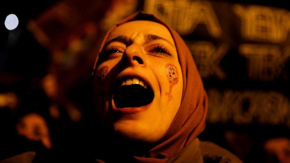 A woman shouts slogans during a rally to mark International Women's Day, in Istanbul, Turkey March 8, 2023