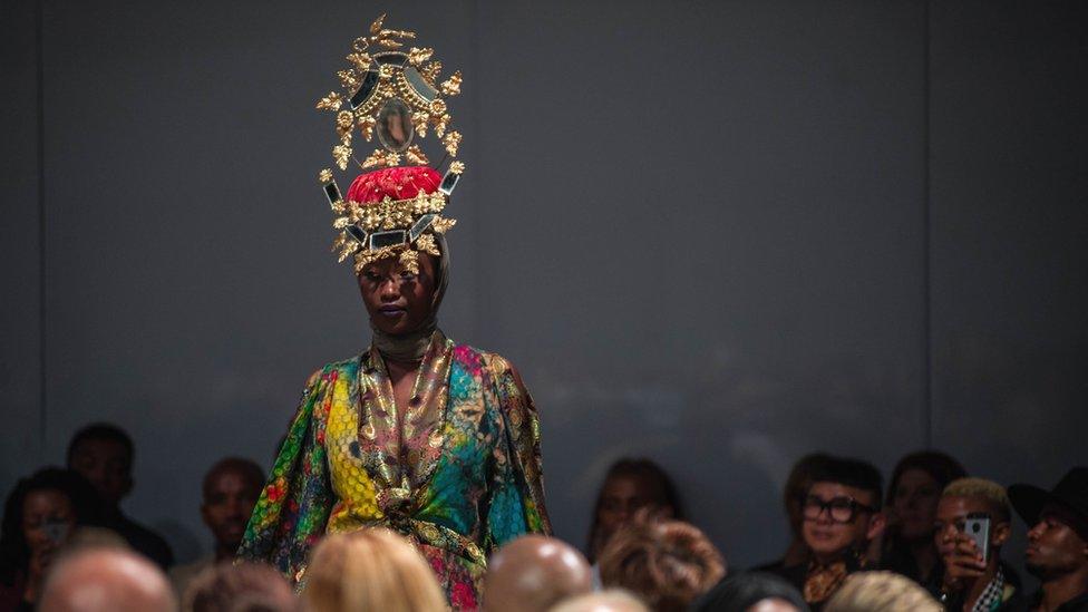 A model wearing an outfit by Clive Rundle during South African fashion week in Johannesburg, South Africa - Tuesday 5 April 2016