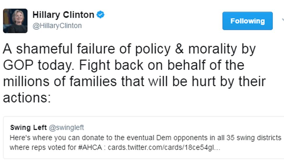 Hillary Clinton tweet: "A shameful failure of policy & morality by GOP today. Fight back on behalf of the millions of families that will be hurt by their actions"