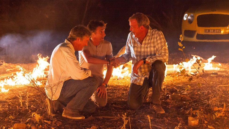 James May, Richard Hammond and Jeremy Clarkson film a scene for Top Gear