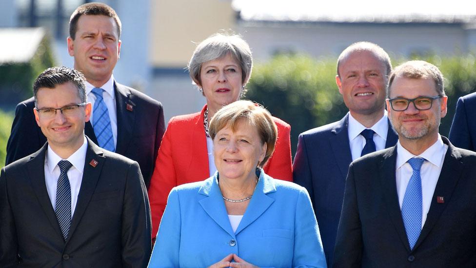 Theresa May, Angela Merkel and other European leaders during the EU Informal Summit of Heads of State or Government in Salzburg, Austria