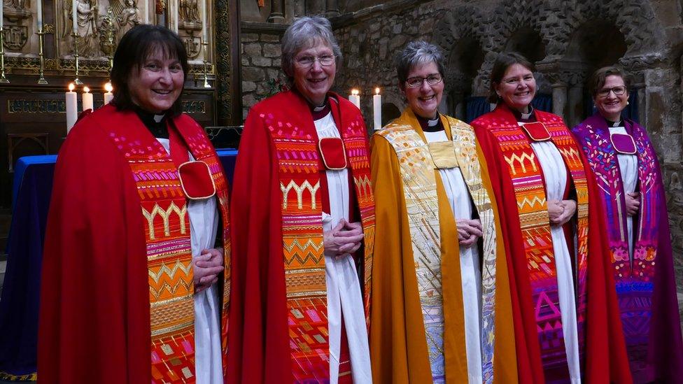 Right to left: Revd Julia Bradshaw (Curate); Revd Canon Alison Adams (Canon Pastor); Revd Canon Karen Rooms (Acting Dean and also a Residentiary Canon of the Cathedral); Revd Canon Emma Davies (Canon Precentor); and Revd Manuela Schmucki (Curate)