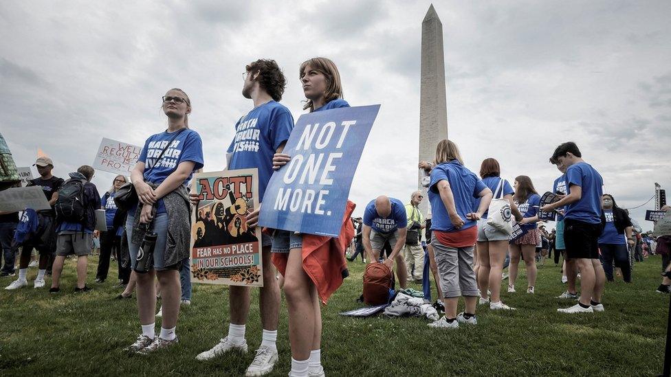 Protesters hold placards at the rally in Washington DC