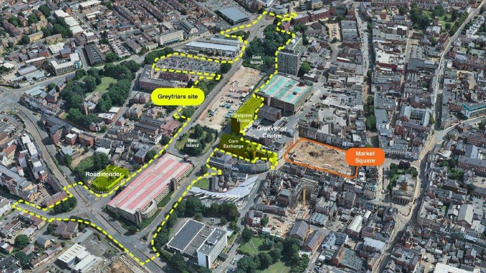 A birds eye view map pinpointing areas in Northampton that could be regenerated