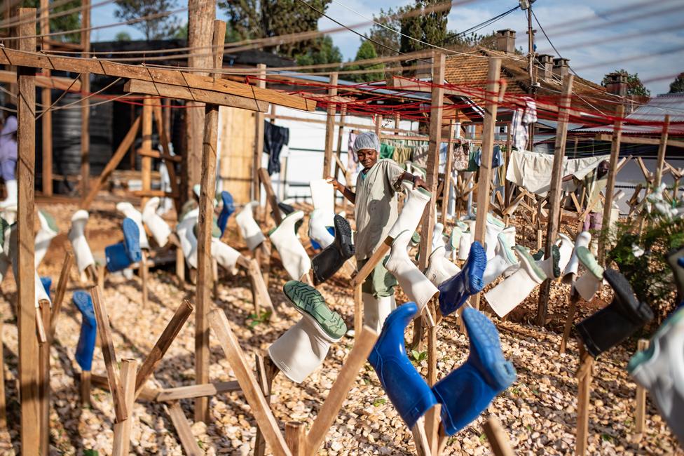 Sterilised boots put out to dry in the sun