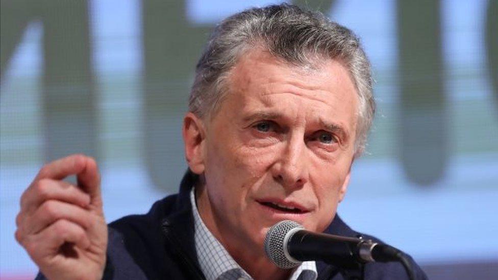 Argentina's incumbent president, Mauricio Macri, speaks on stage during the primary elections, at a convention centre in Buenos Aires, Argentina, August 11, 2019.