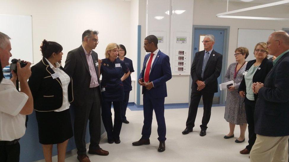 Health Secretary Vaughan Gething is shown around Morriston Hospital's extended cardiac unit