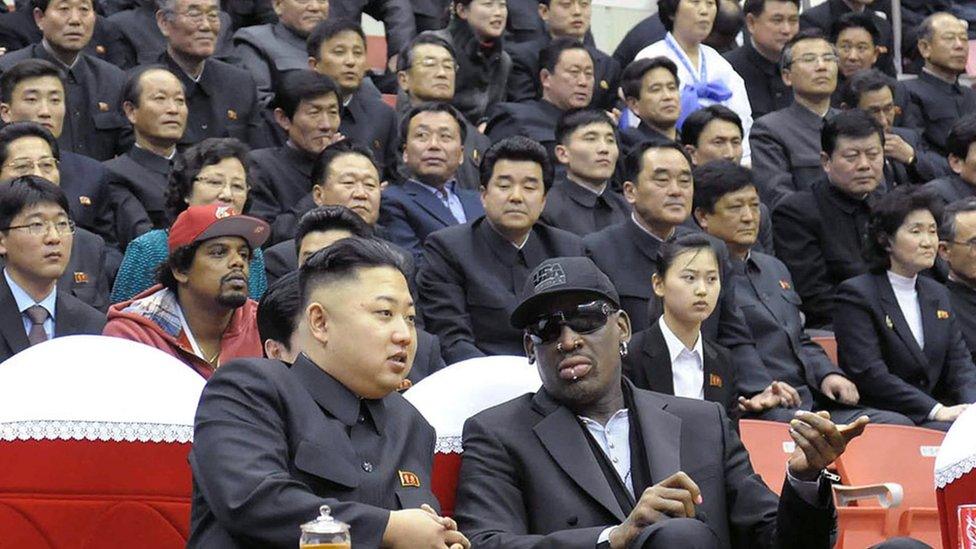 This file photo taken on February 28, 2013 and released by North Korea"s official Korean Central News Agency (KCNA) shows North Korean leader Kim Jong-Un (front L) and former NBA star Dennis Rodman