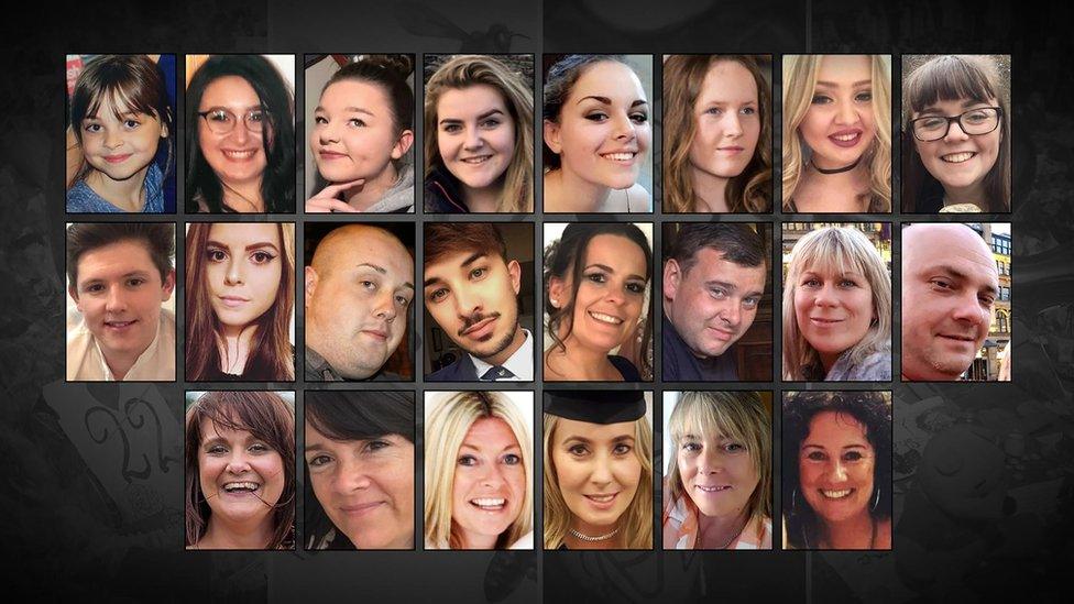 Top row (left to right): Saffie Roussos, Nell Jones, Leczkowski, Eilidh MacLeod, Olivia Campbell, Megan Hurley, Chloe Rutherford, Georgina Callendar / Second row (left to right): Liam Curry, Courtney Boyle, John Atkinson, Martyn Hett, Kelly Brewster, Philip Tron, Angelika Klis, Marcin Klis / Third row (left to right): Elaine McIver, Alison Howe, Michelle Kiss, Lisa Lees, Wendy Fawell, Jane Tweddle.