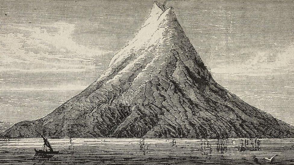 An illustration of Krakatau before the eruption in 1883