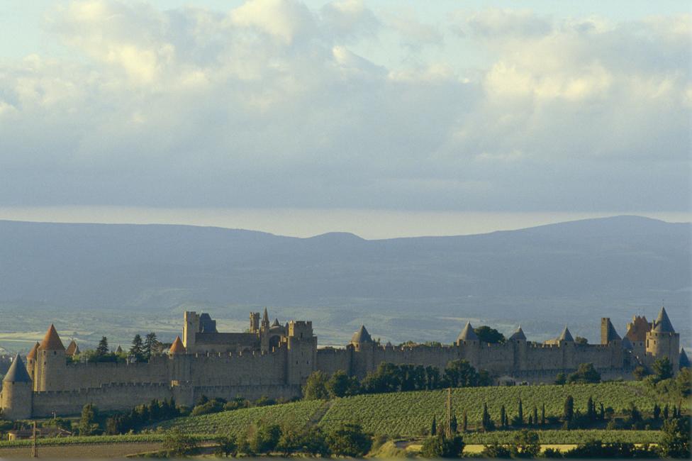 Carcassonne castle, with mountains in the background