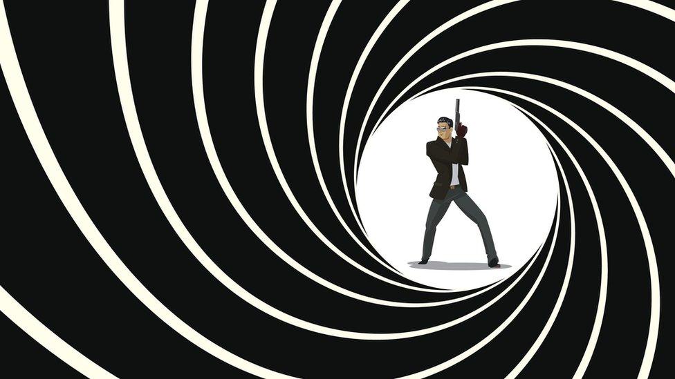 Man with gun in James-Bond style swirl