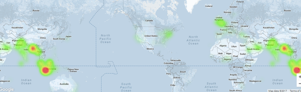 Map showing the most tweets mentioning Rohingya were from south-east Asia