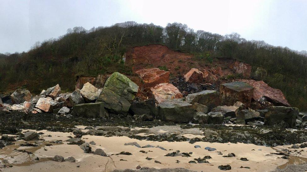 A rock fall on Oxwich Bay