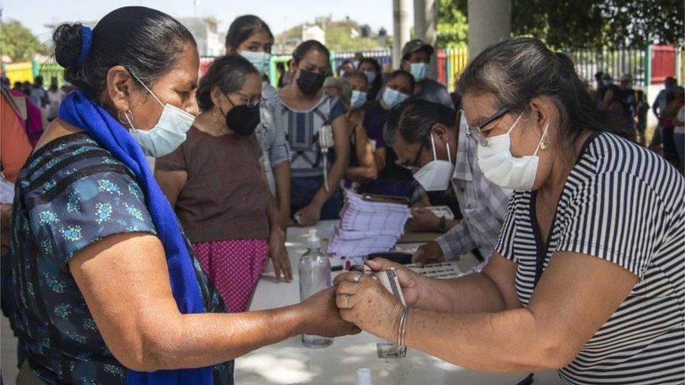 People cast their vote in the referendum for the revocation of the mandate of President Obrador, in the municipality of Tehuantepec, state of Oaxaca, Mexico, 10 April 2022.