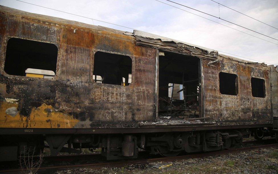 A burnt-out train