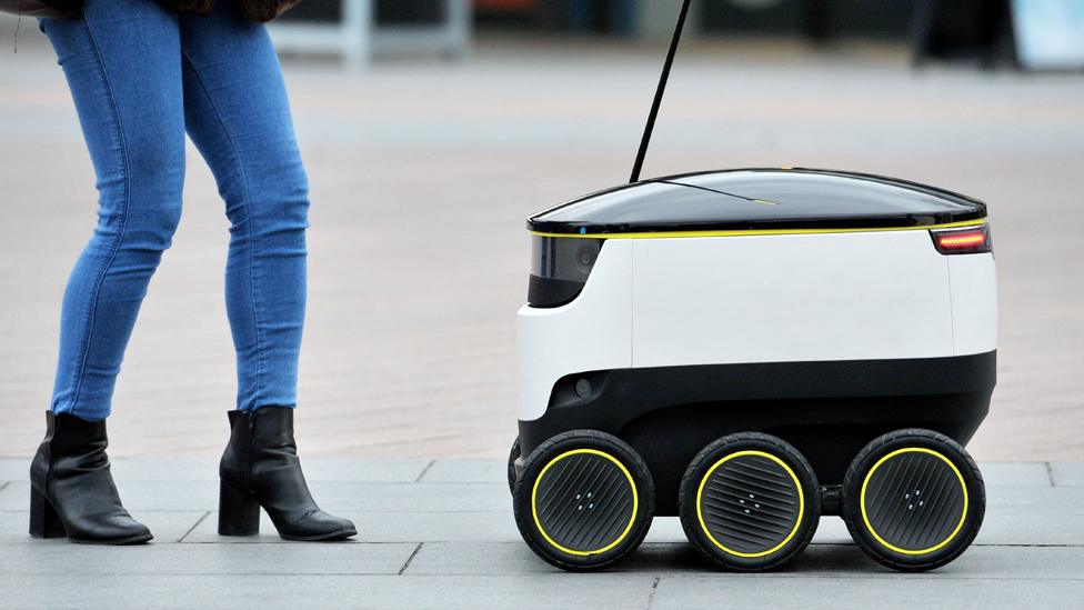 A Starship Technologies' self-driving delivery robot during the launch of its UK trials, at their office on the Greenwich Peninsula, south London.