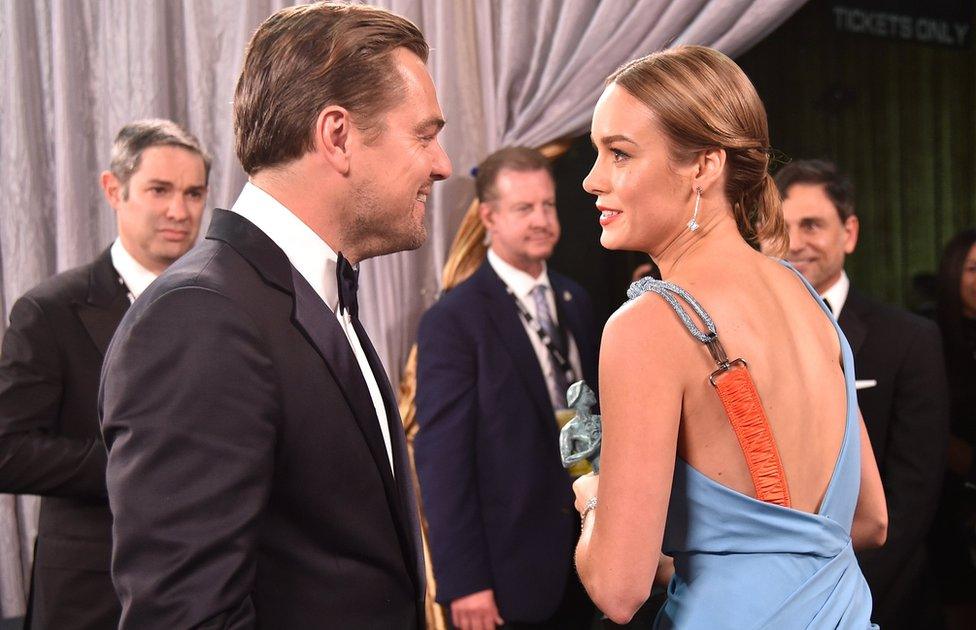 Actors Leonardo DiCaprio (L) and Brie Larson at The 22nd Annual Screen Actors Guild Awards on January 30, 2016 in Los Angeles