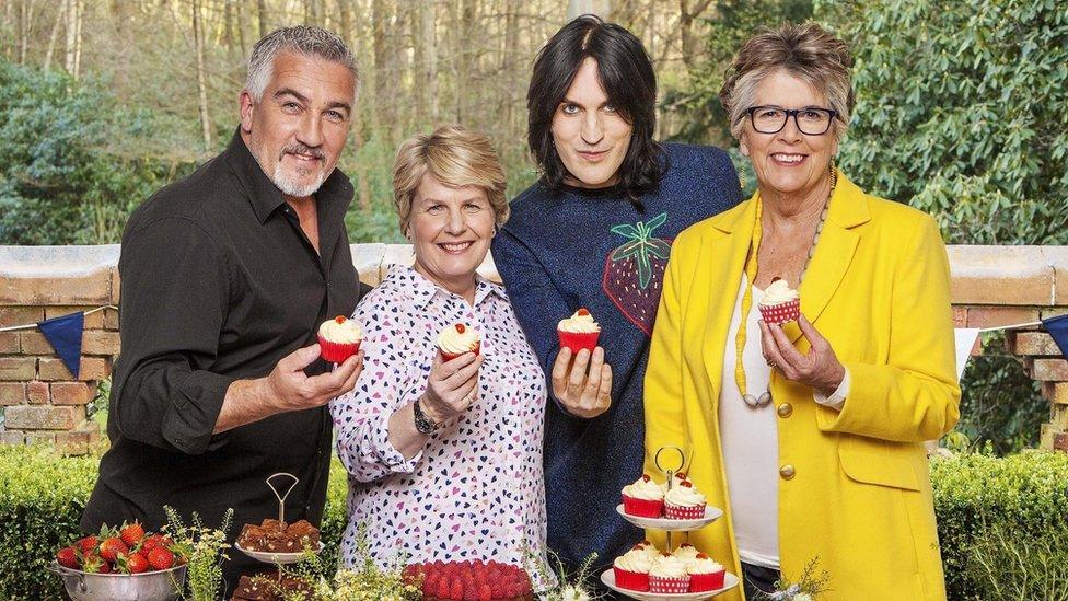 Paul Hollywood, Sandi Toksvig, Noel Fielding, and Prue Leith