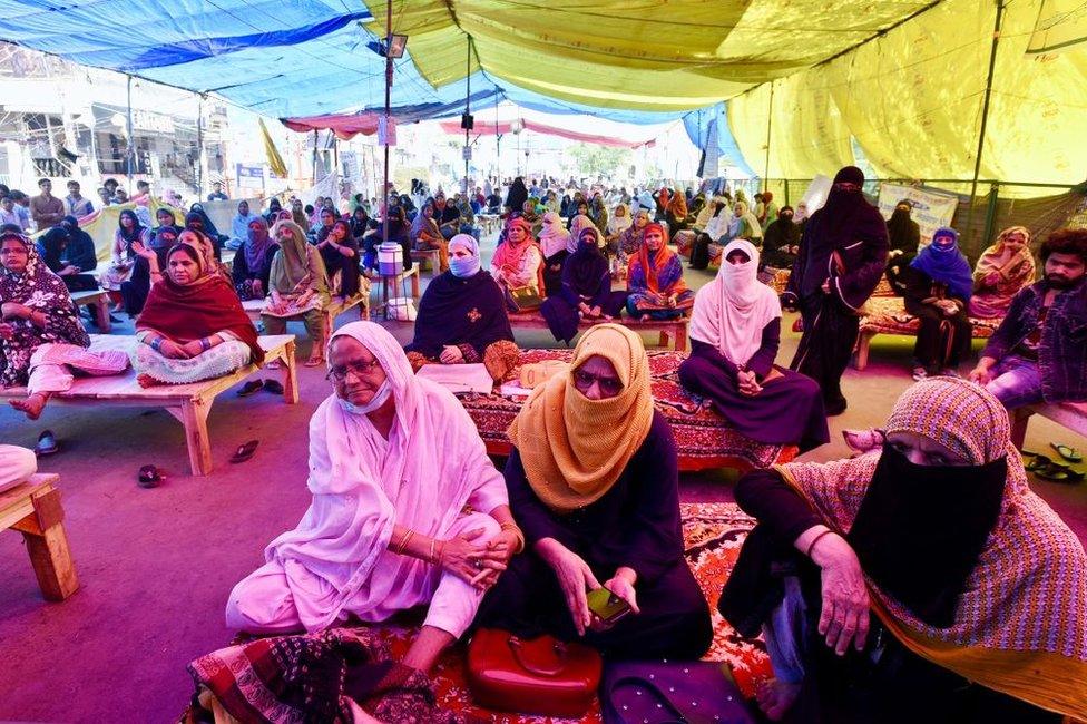 Women of Shaheen Bagh continue their sit-in protest against the CAA-NRC-NPR despite the Coronavirus advisory issued by Delhi government, at Shaheen Bagh on March 17, 2020 in New Delhi, India.