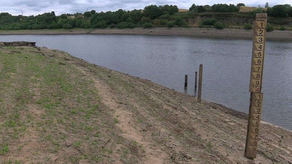 Low water levels in Wayoh Reservoir at Edgworth near Bolton