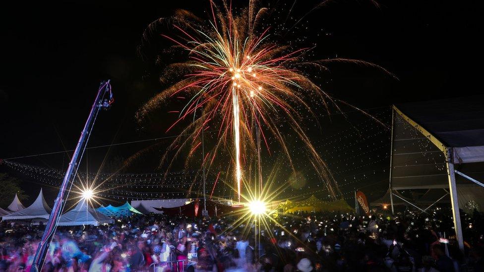 Fireworks illuminate the night sky during New Year's Eve celebrations at a concert in Nairobi, Kenya