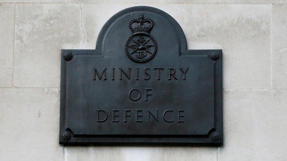 A sign hangs outside the Ministry of Defence building in London