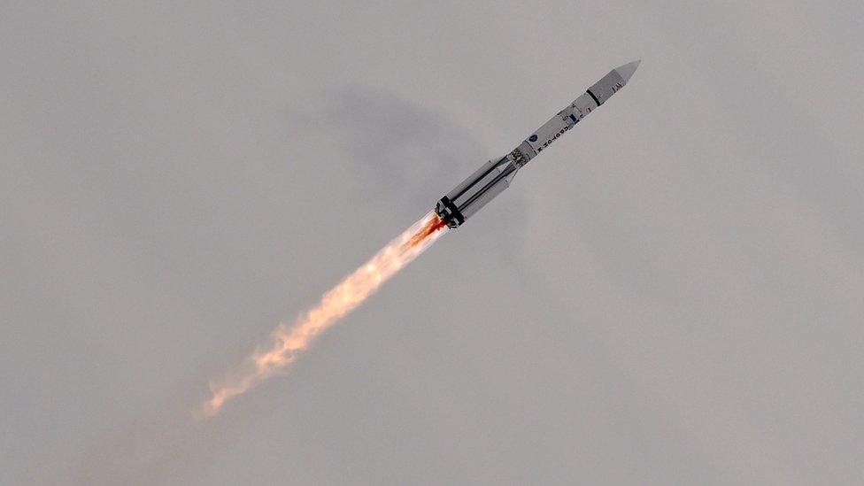 A Russian Proton-M rocket carrying the ExoMars 2016 spacecraft blasts off from the launch pad at the Russian-leased Baikonur cosmodrome