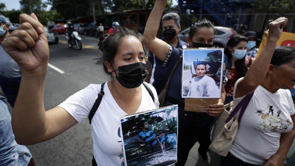 Relatives of people detained during the state of exception demonstrate to demand the release of those imprisoned without justification, in San Salvador, El Salvador, 16 November 2022