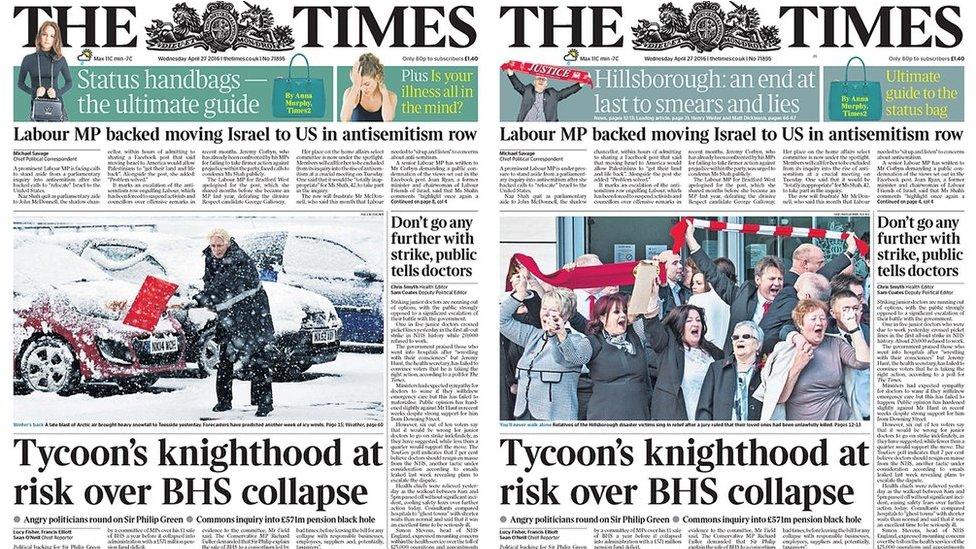 The Times front pages - first and second editions from Wednesday April 27 2016