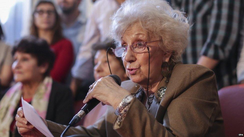 Estela de Carlotto holds a press conference announcing the restitution of the identity of the missing granddaughter number 117, born in 1978, daughter of Walter Dominguez and Gladys Castro, Buenos Aires, Argentina, on 31 August 2015