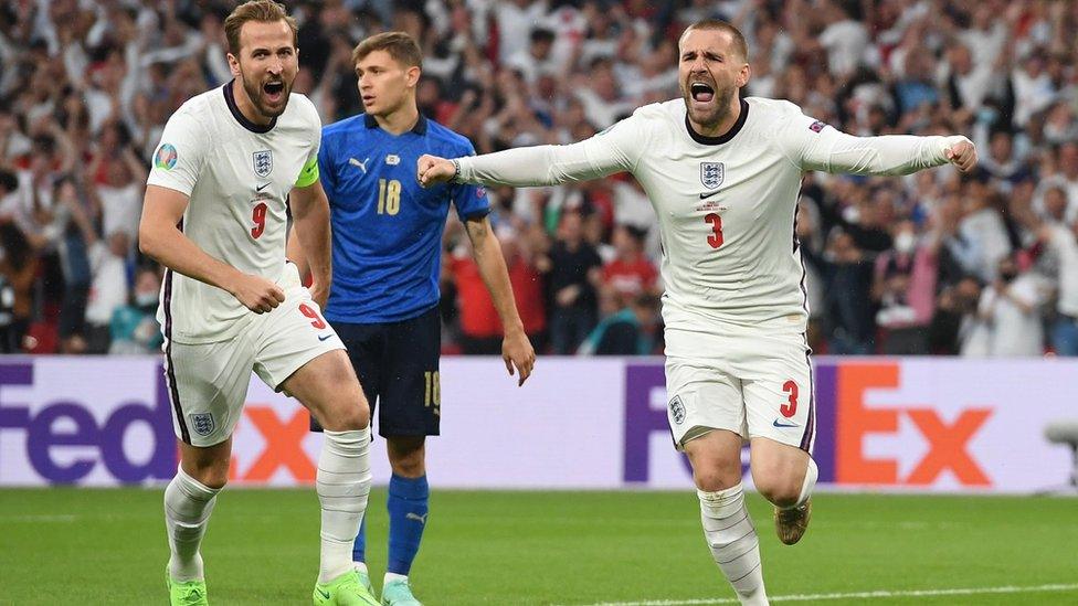 England's Luke Shaw celebrates scoring with Harry Kane