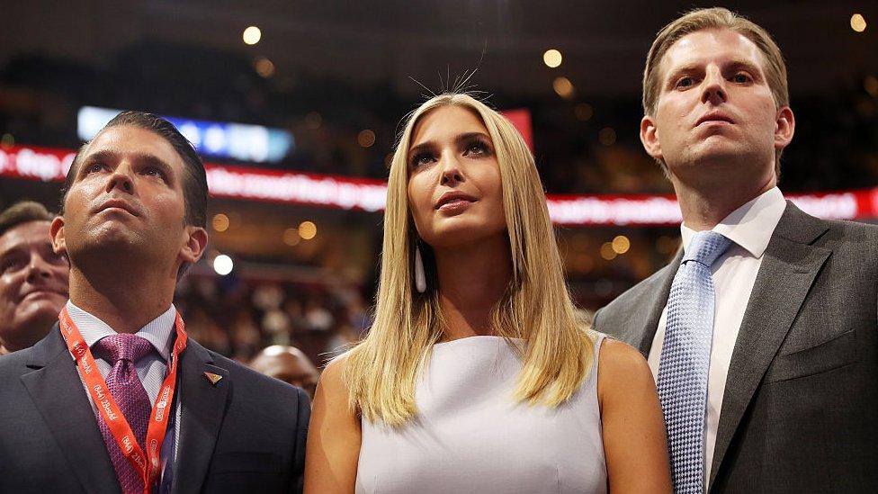 Donald Trump Jr (L), Ivanka Trump and Eric Trump (R) appear at the Republican National Convention.