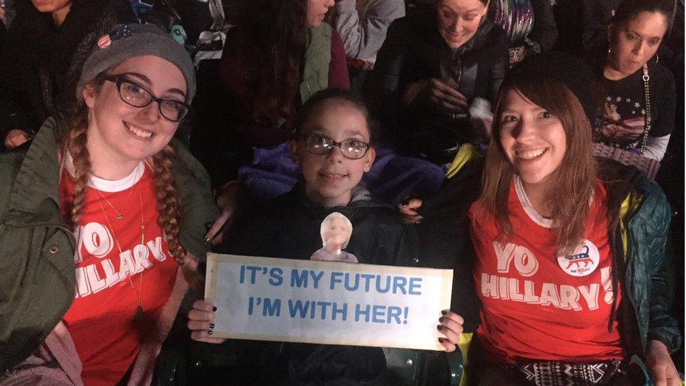 Ellyn Womelsdorf (left) attends Hillary Clinton's Katy Perry concert with Makayla Ankielewicz and Ahna Hyorwich (right)