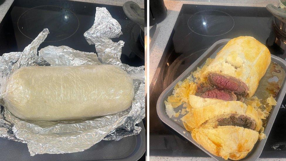 Before and after of a beef wellington