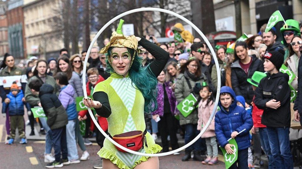 A performer in Belfast's St Patrick's Day Parade 2022