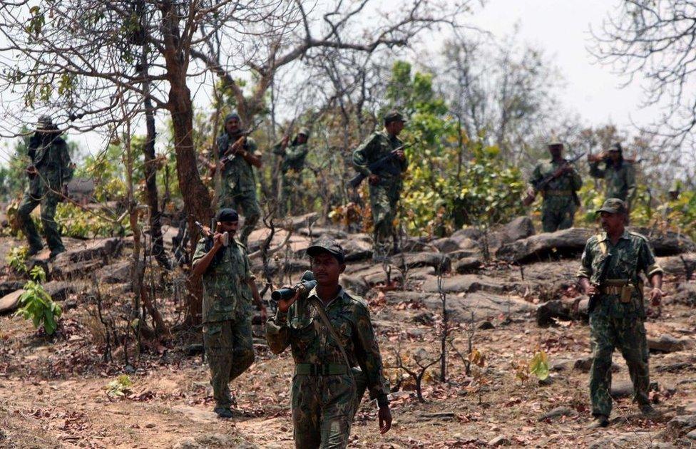 Indian security forces comb the forest in Sonbhadra district of southern Uttar Pradesh, for naxalites.