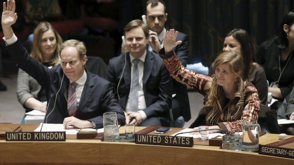 UK and US ambassadors voting at UN Security Council meeting