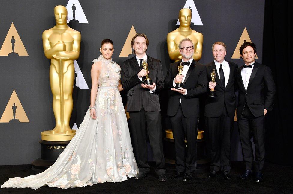 Actor Hailee Steinfeld, co-directors Byron Howard and Rich Moore and producer Clark Spencer, winners of the Best Animated Feature Film award for Zootopia and actor Gael Garcia Bernal