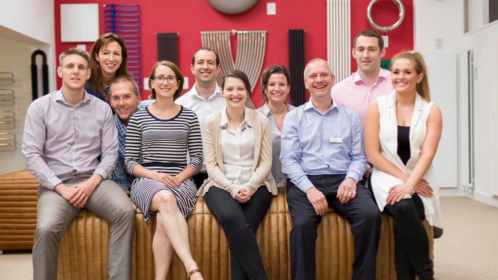 Helena Gerwitz, front second from left, with the team at Feature Radiators in West Yorkshire