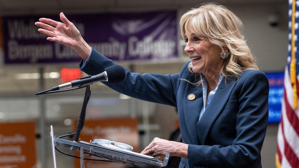 First Lady Dr. Jill Biden speaks during visit to Bergen Community College.