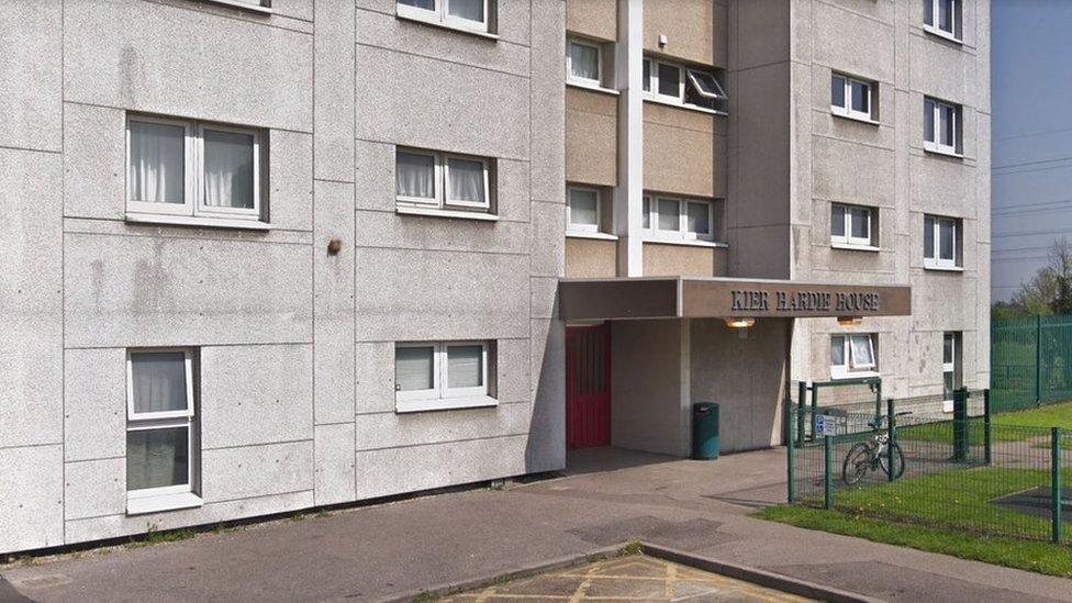 Entrance to Kier Hardie House, one of three Blackshots towers being demolished