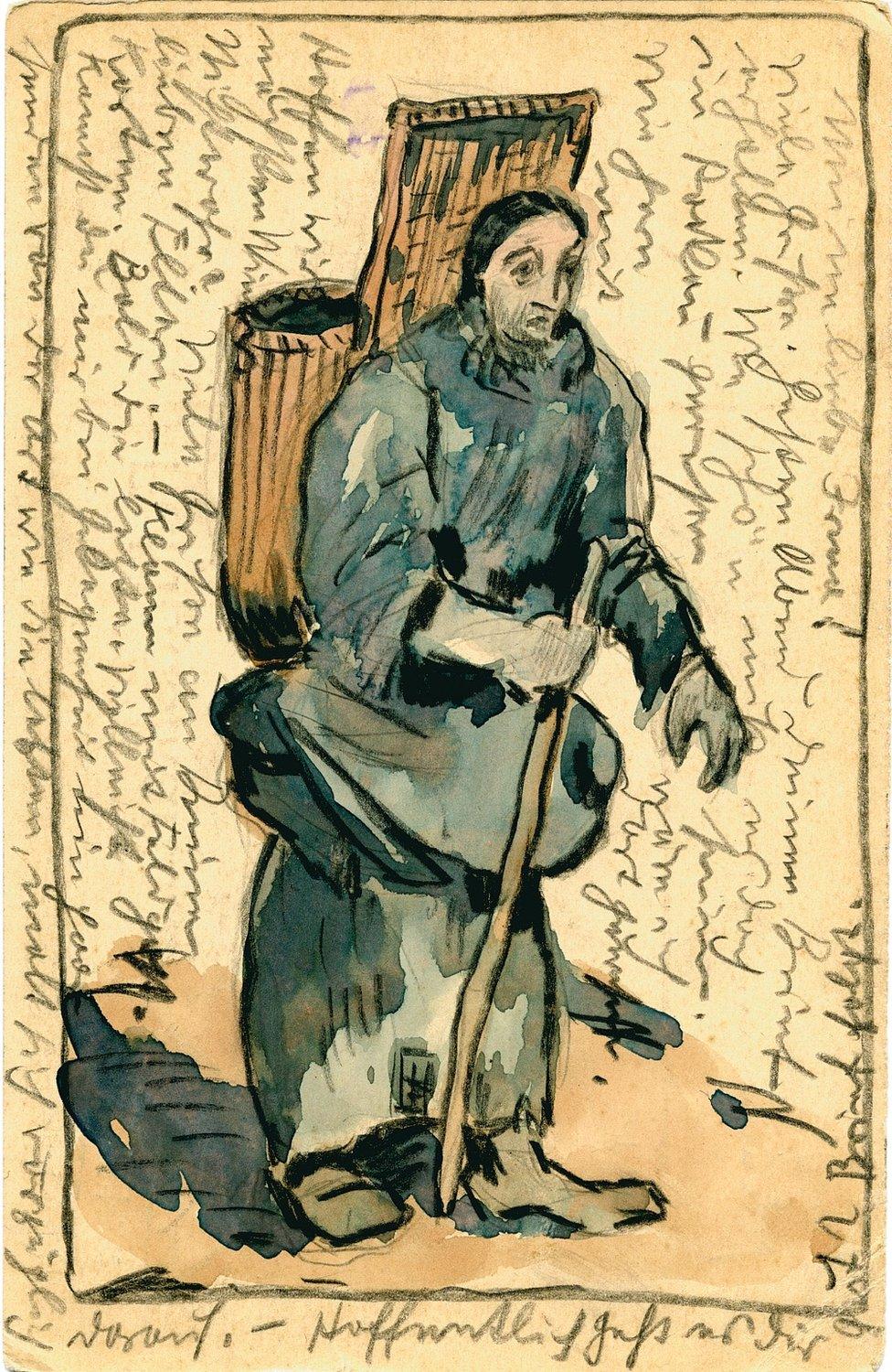 Painted postcard of a figure holding a stick