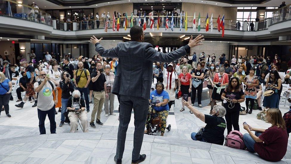 Opponents of the facility protested inside Atlanta City Hall