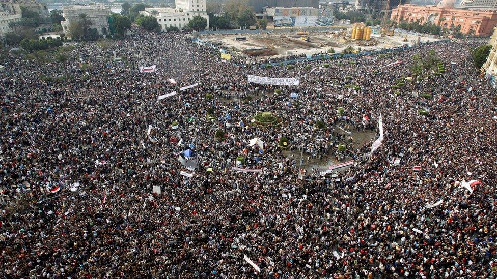 Egyptians protest against Hosni Mubarak in Cairo's Tahrir Square (1 February 2011)