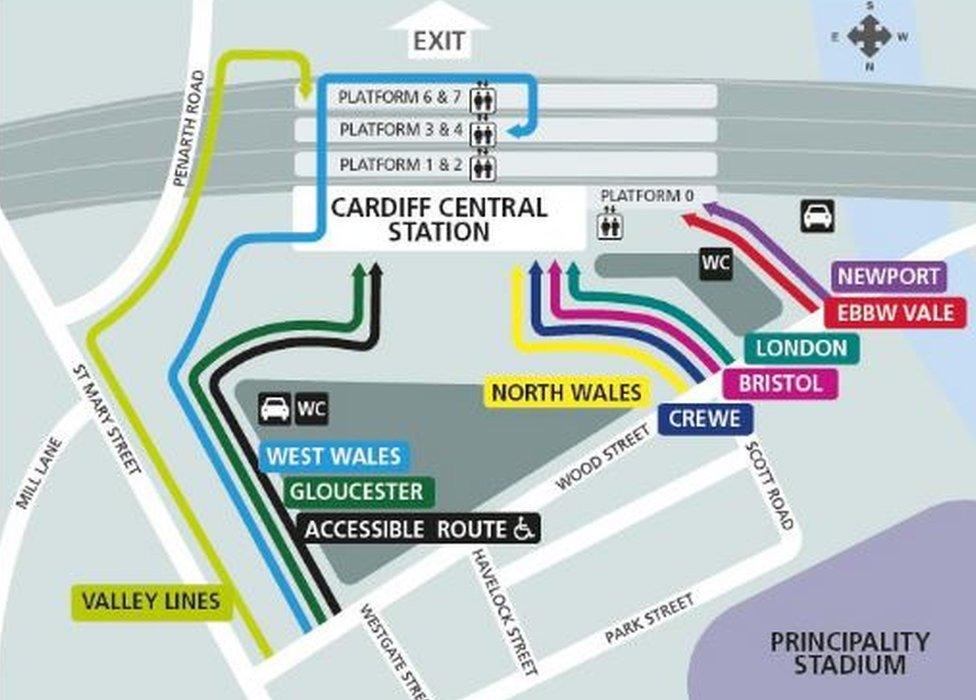 map of the queuing system at Cardiff Central after the Wales v Australia game