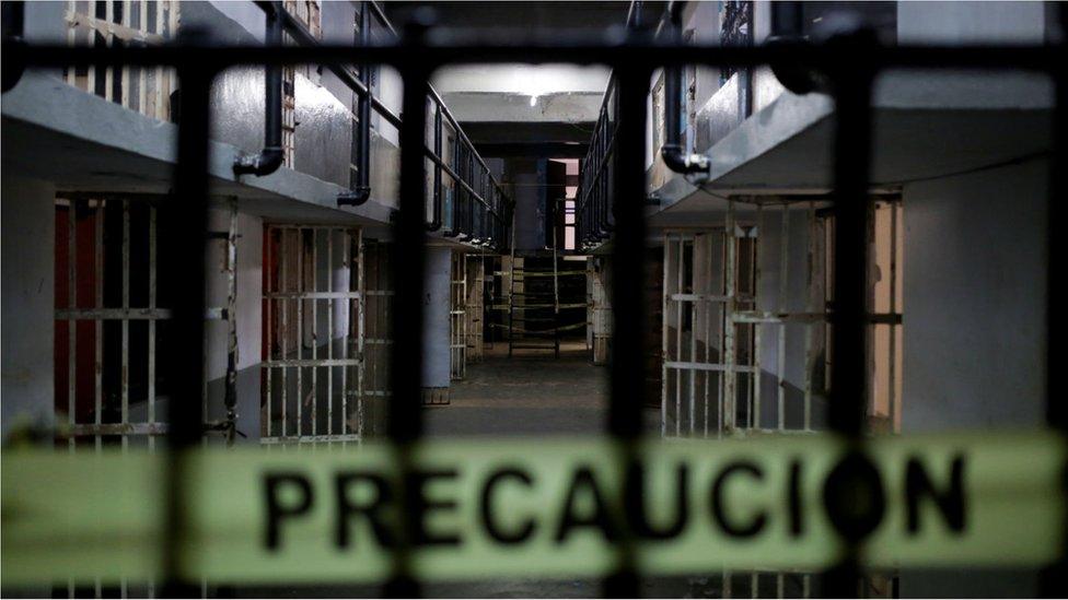 A yellow police line cordon is seen during a tour of the recently closed Topo Chico prison in Monterrey, Mexico, 6 November, 2019.